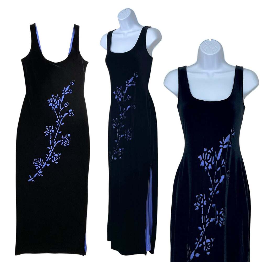 Maxi Dress 7/8 Black Velvet Floral Cut Out Whimsigoth Y2K Vintage Fairy Buffy